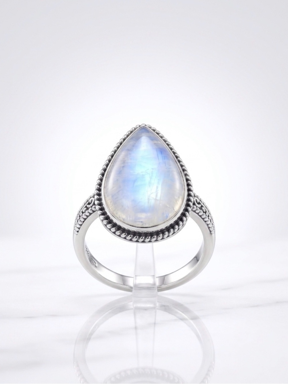 Rainbow Moonstone Teardrop Statement Ring – Sterling Silver Overlay Boho Style - Picture 3 of 4